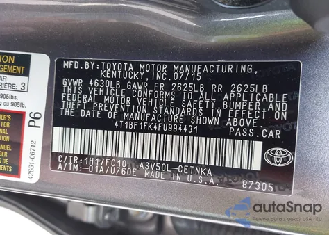 2015 Toyota Camry Le from USA, damaged, VIN 4T1BF1FK4FU994431